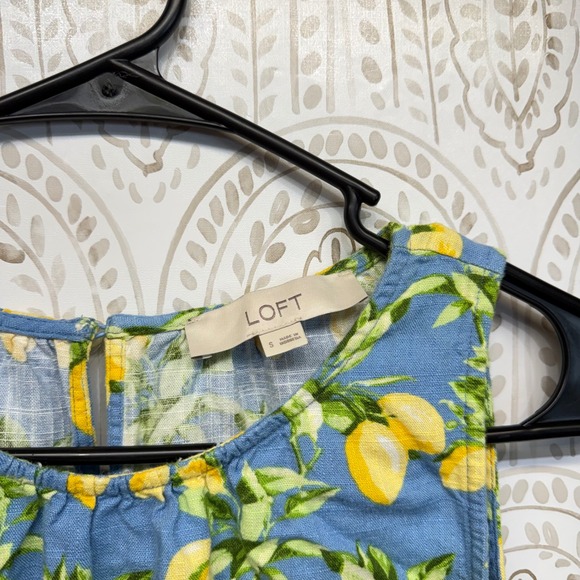 LOFT Lemon Print Tiered Dress Womens Small Blue Yellow Summer Rayon Linen Blend - Picture 3 of 6